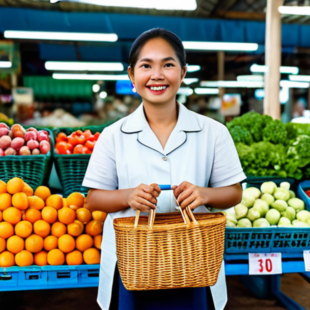 Sustainable Shopping**
"A vibrant Thai marketplace scene, featuring a woman in traditional, fully clothed attire shopping with a reusable tote bag filled with fresh produce. Vendors display locally sourced fruits and vegetables in woven baskets. Focus on sustainable practices and supporting local farmers. Bright, natural lighting, high-resolution, safe for work, appropriate content, fully clothed, modest, family-friendly, perfect anatomy, correct proportions, natural pose, well-formed hands, proper finger count, natural body proportions, professional photography, high quality."
**