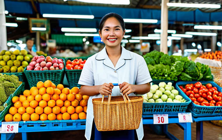 Sustainable Shopping**

"A vibrant Thai marketplace scene, featuring a woman in traditional, fully clothed attire shopping with a reusable tote bag filled with fresh produce. Vendors display locally sourced fruits and vegetables in woven baskets. Focus on sustainable practices and supporting local farmers. Bright, natural lighting, high-resolution, safe for work, appropriate content, fully clothed, modest, family-friendly, perfect anatomy, correct proportions, natural pose, well-formed hands, proper finger count, natural body proportions, professional photography, high quality."

**