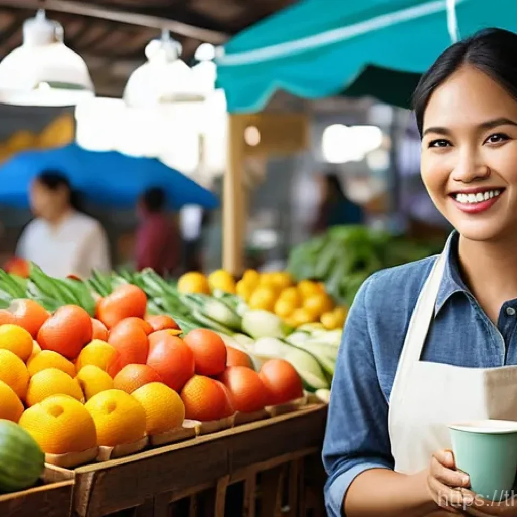 생태계 중심 사고에서의 혁신적 접근 - **Prompt:** A bustling, modern indoor-outdoor community market in a vibrant Southeast Asian city. Th...