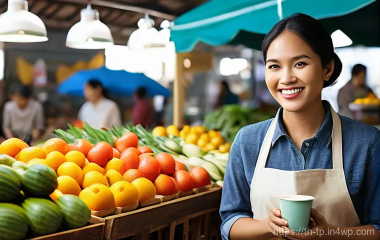 생태계 중심 사고에서의 혁신적 접근 - **Prompt:** A bustling, modern indoor-outdoor community market in a vibrant Southeast Asian city. Th...
