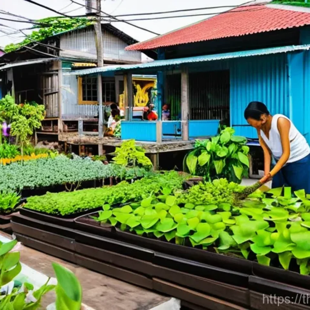 생태계 중심 사고와 협력적 거버넌스 - **A Vibrant Community Garden in a Thai Urban Setting:**
A bustling and colorful community garden...
