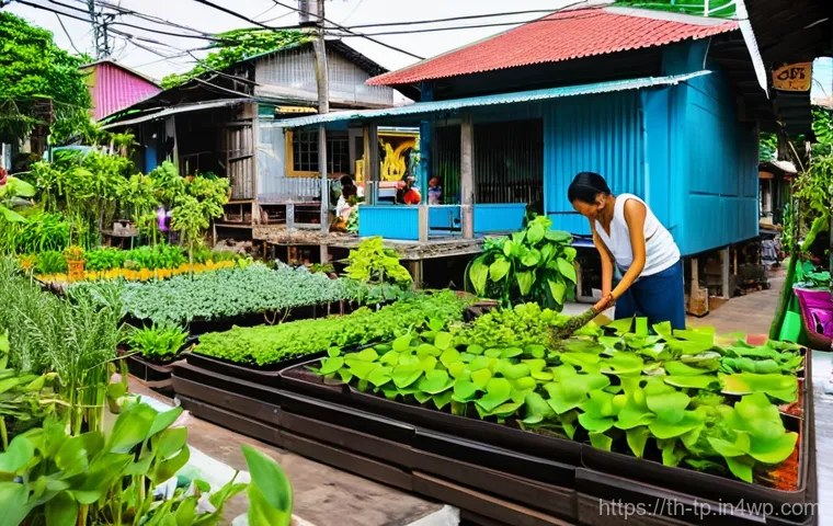 생태계 중심 사고와 협력적 거버넌스 - **A Vibrant Community Garden in a Thai Urban Setting:**
    A bustling and colorful community garden...