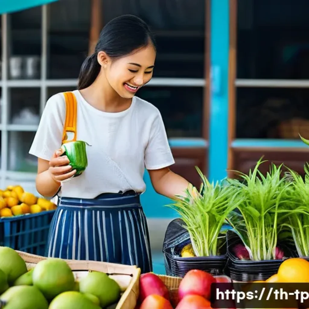생태계 중심 사고의 사회적 영향력 - **Prompt:** A vibrant, bustling Thai outdoor market scene. A young Thai woman, dressed in modest, ca...