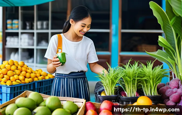 생태계 중심 사고의 사회적 영향력 - **Prompt:** A vibrant, bustling Thai outdoor market scene. A young Thai woman, dressed in modest, ca...