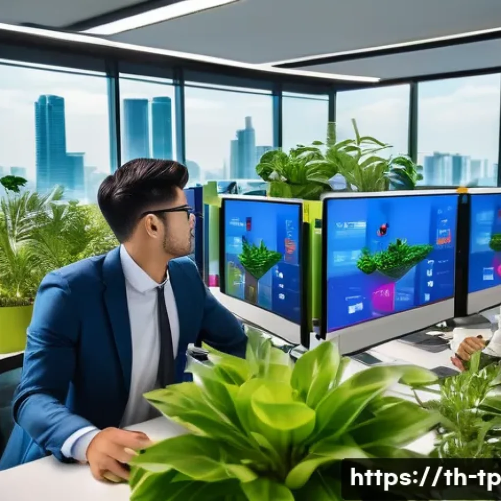생태계 중심 사고의 글로벌 트렌드 - A vibrant digital ecosystem-themed office scene in Bangkok, showing diverse employees collaborating ...