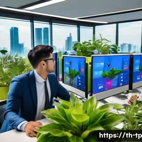 Home 33 생태계 중심 사고의 글로벌 트렌드 - A vibrant digital ecosystem-themed office scene in Bangkok, showing diverse employees collaborating ...