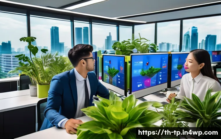 생태계 중심 사고의 글로벌 트렌드 - A vibrant digital ecosystem-themed office scene in Bangkok, showing diverse employees collaborating ...