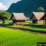 Home 19 생태계 중심 사고와 법적 규제 - A vibrant Thai rural community scene showcasing daily life intertwined with nature: farmers irrigati...