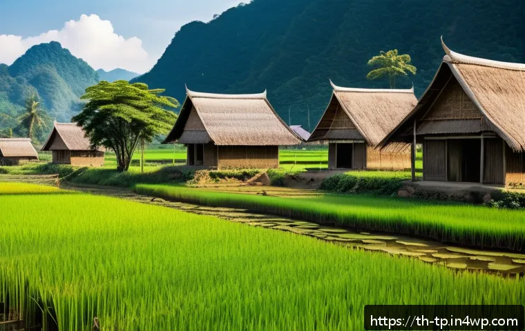 생태계 중심 사고와 법적 규제 - A vibrant Thai rural community scene showcasing daily life intertwined with nature: farmers irrigati...
