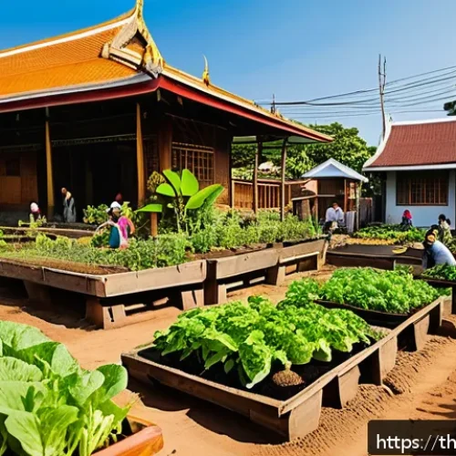 Home 29 생태계 중심 사고 전환을 위한 가이드 - A vibrant community garden scene in a Thai neighborhood, featuring local residents of various ages e...