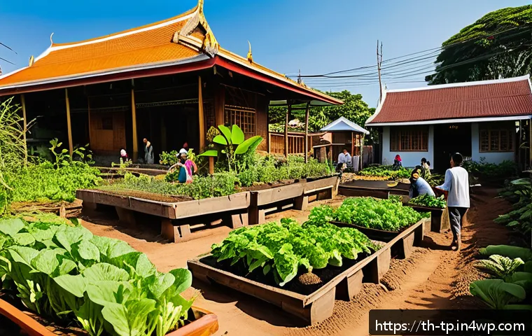 생태계 중심 사고 전환을 위한 가이드 - A vibrant community garden scene in a Thai neighborhood, featuring local residents of various ages e...